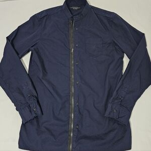 AllSaints Krieger Long Sleeve Shirt Navy Blue Zip Front Cotton Lyocell